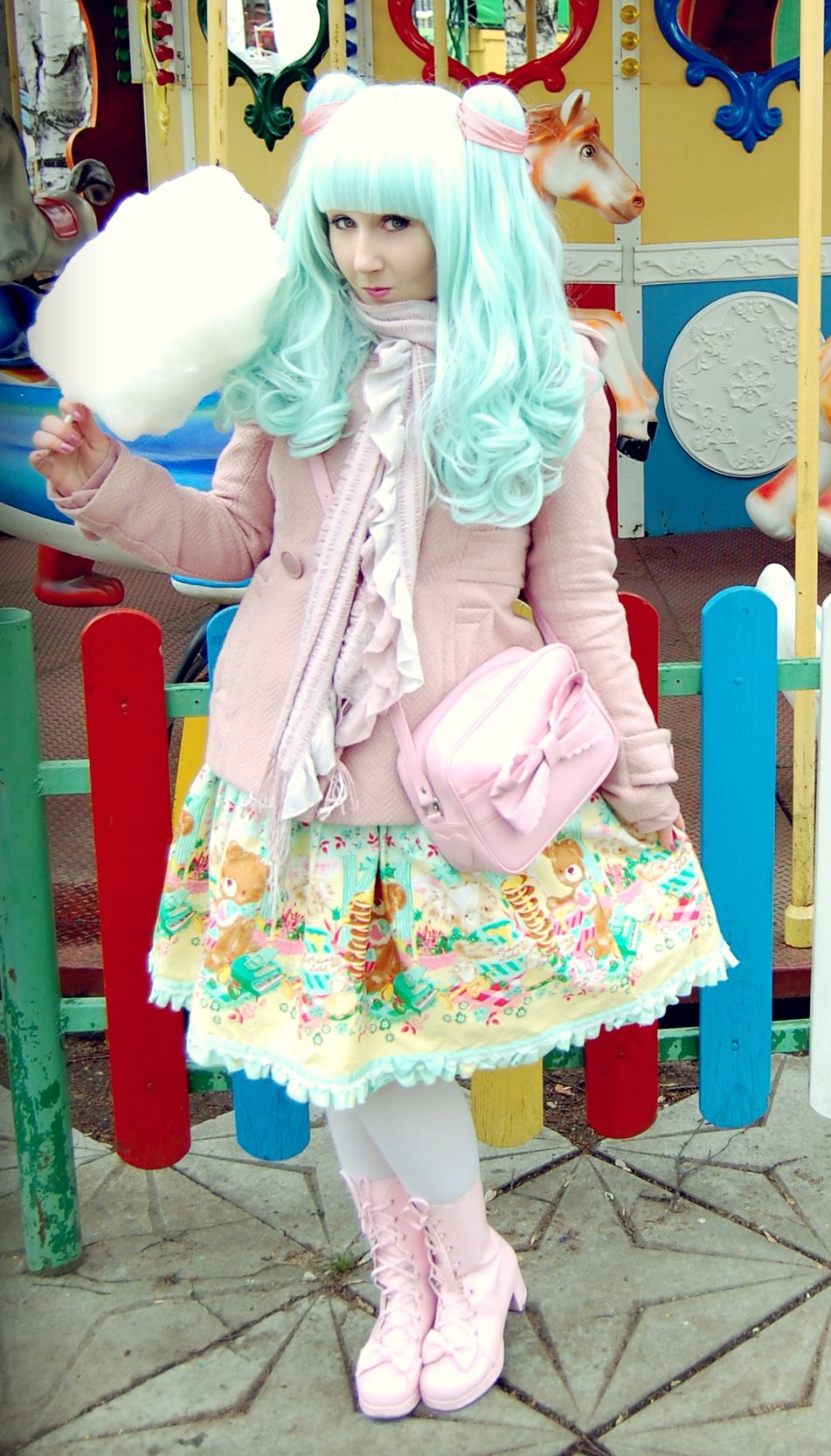 Teen Lolita with Blue Hair wearing White Opaque Pantyhose and Pink Boots